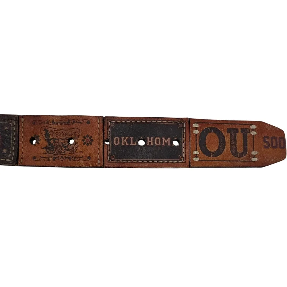 Fossil Oklahoma Sooners Womens L Brown Tooled‎ Leather Boomer Sooner Belt